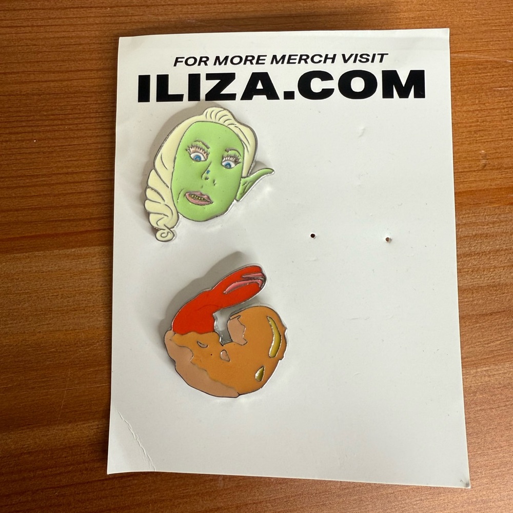 Iliza Shlesinger enamel pins - party goblin and fried shrimp